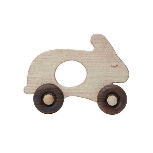 lapin a roulettes en bois naturel